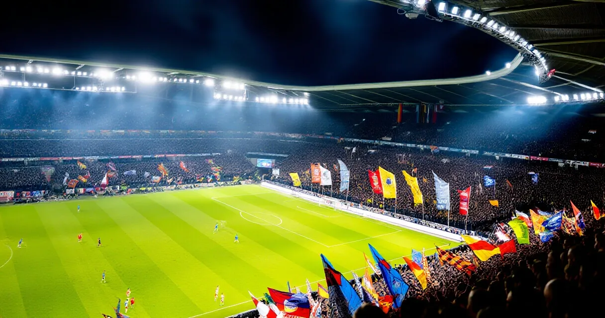 Stade de football illuminé la nuit avec tribunes combles lors d'un match de coupe d'Europe