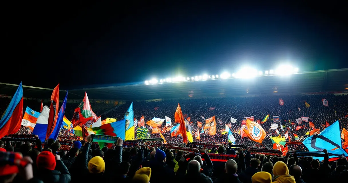 Balón de fútbol sobre el césped de un estadio al atardecer