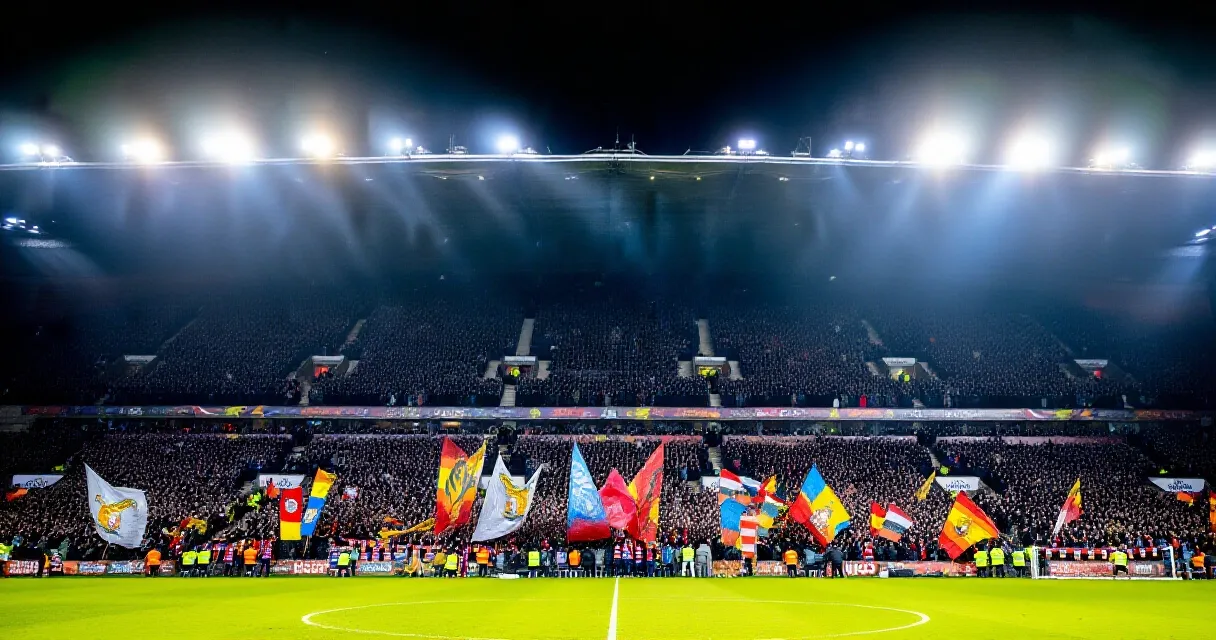 Fans cheering in a packed, floodlit football stadium at night
