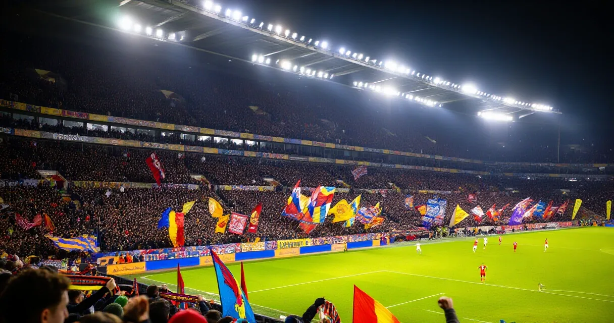 Bundesliga-Spielszene im vollen Stadion unter Flutlicht