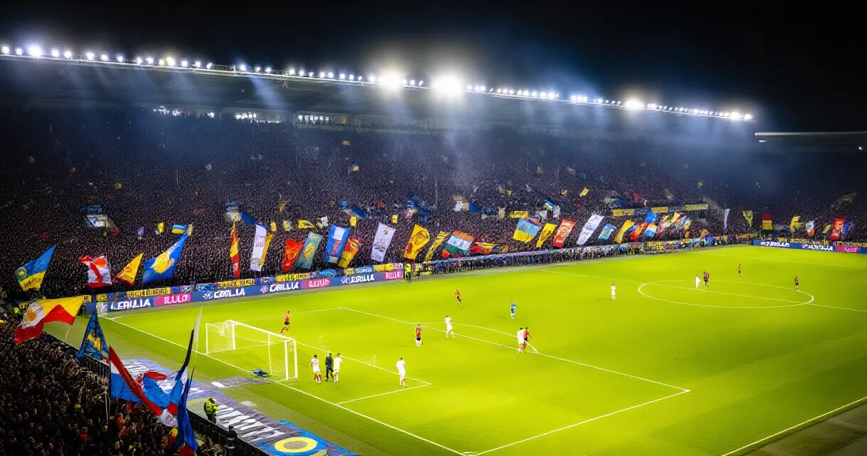Portero veterano realizando una parada en un partido nocturno de Serie A con el estadio lleno