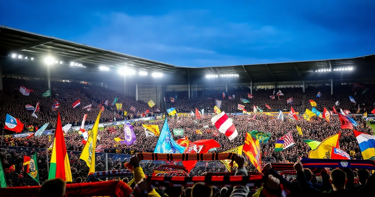 Aficionados celebran en un estadio de f&uacute;tbol iluminado durante un partido nocturno
