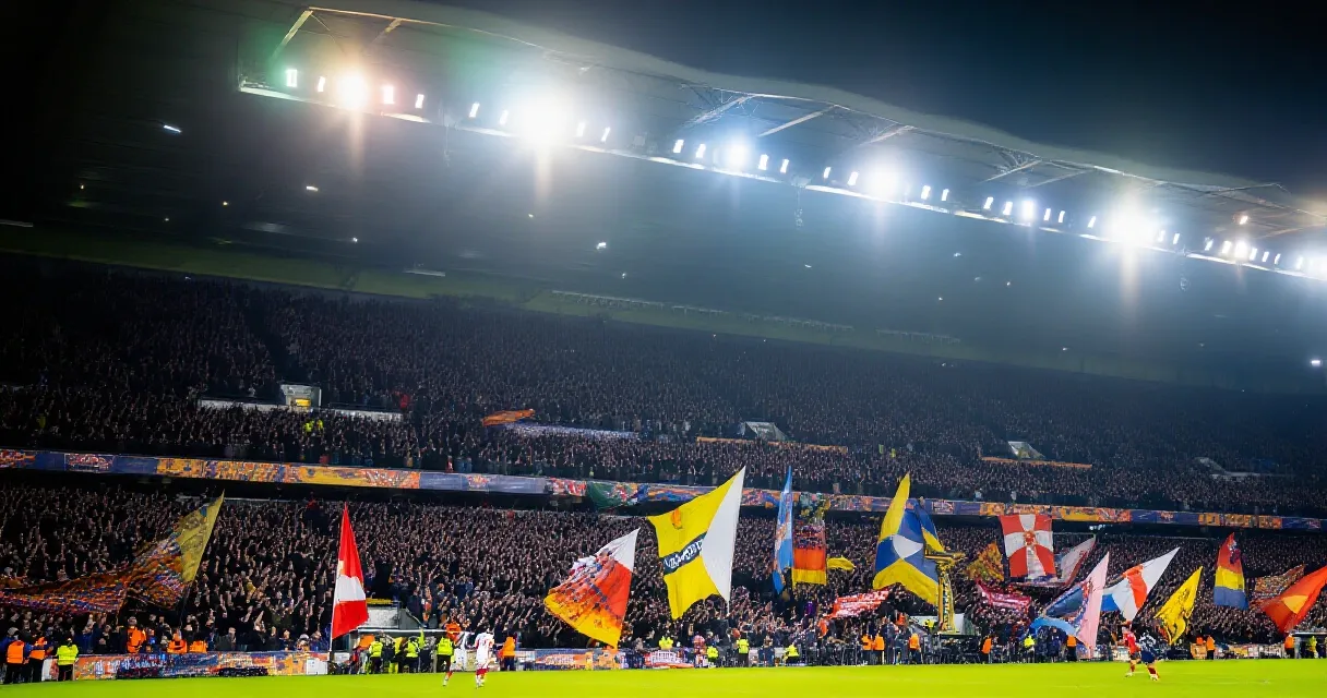 Football player in light blue jersey reacting in frustration at packed stadium