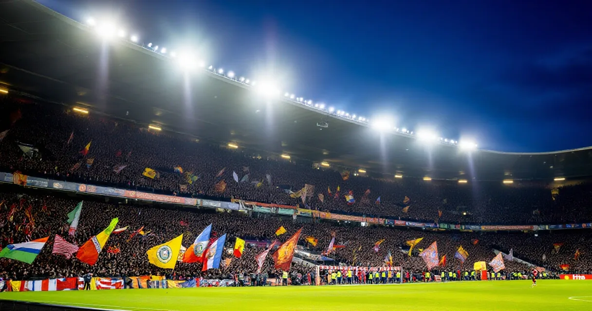 Norsk landslagsanfallare jublar efter m&aring;l p&aring; en fullsatt, flodljusbelyst arena