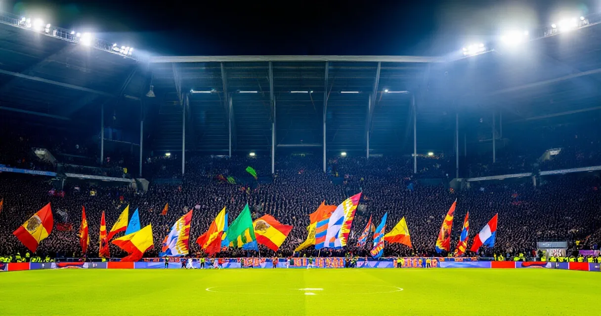Erfahrener Fußballtrainer steht nachdenklich am Spielfeldrand eines beleuchteten Stadions