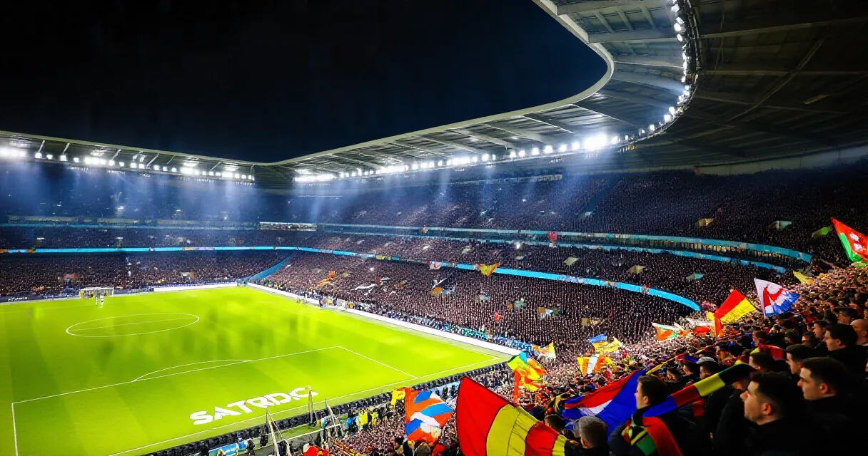 Floodlit stadium packed with cheering football fans during a night match