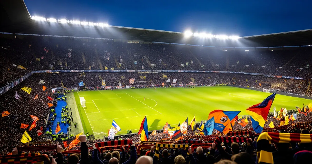 Packed floodlit stadium during a Premier League match with players challenging for the ball