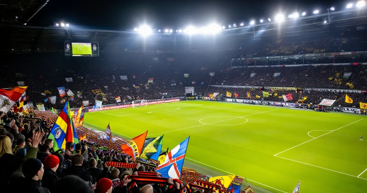 Fullsatt fotbollsarena med jublande publik under kv&auml;llsmatch