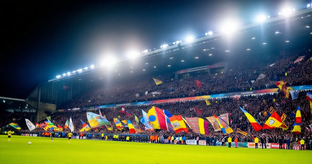 Joueur de football célébrant un but sous les projecteurs d'un stade rempli de supporters