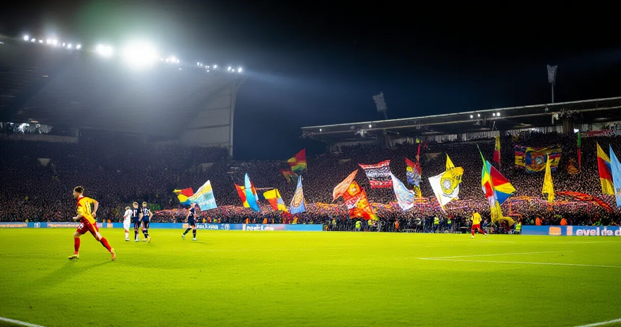 Football match in a packed floodlit stadium with thousands of fans cheering