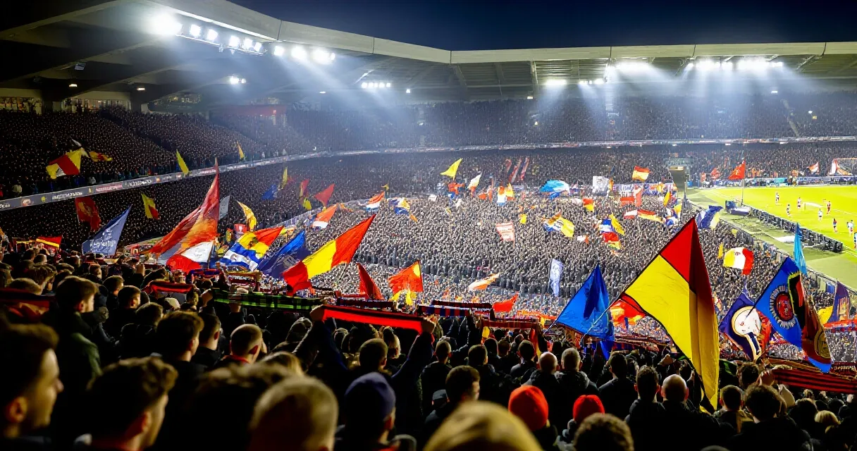 Entra&icirc;neur de football concentr&eacute; au bord du terrain dans un stade &eacute;clair&eacute; et rempli de supporters