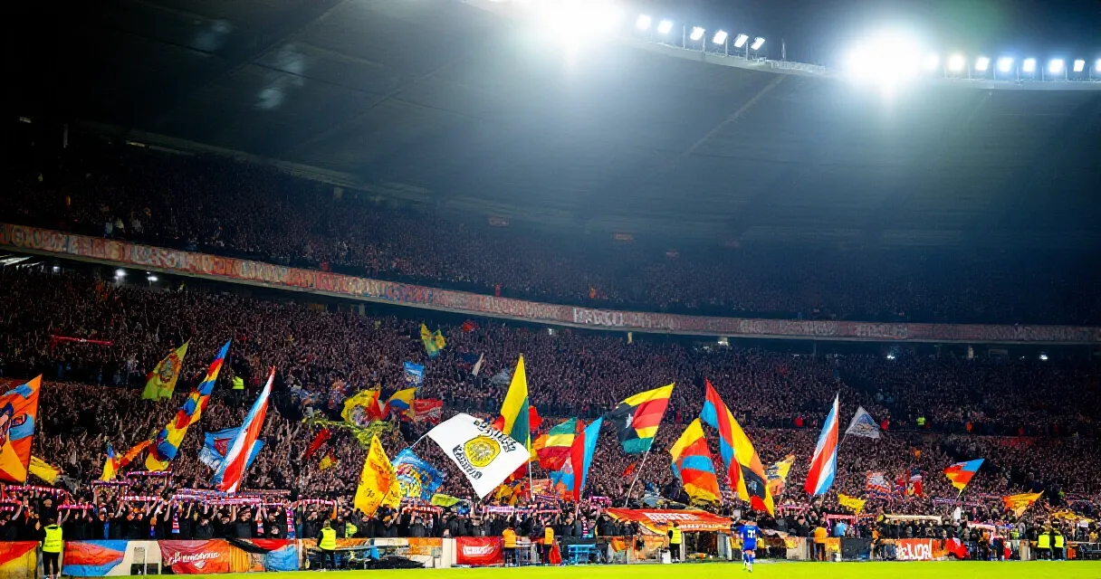 Young footballer dribbling at speed in a packed stadium under floodlights
