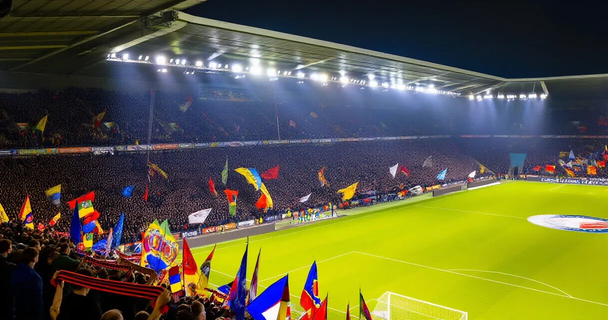 Footballer celebrating on a floodlit stadium pitch in front of a packed crowd