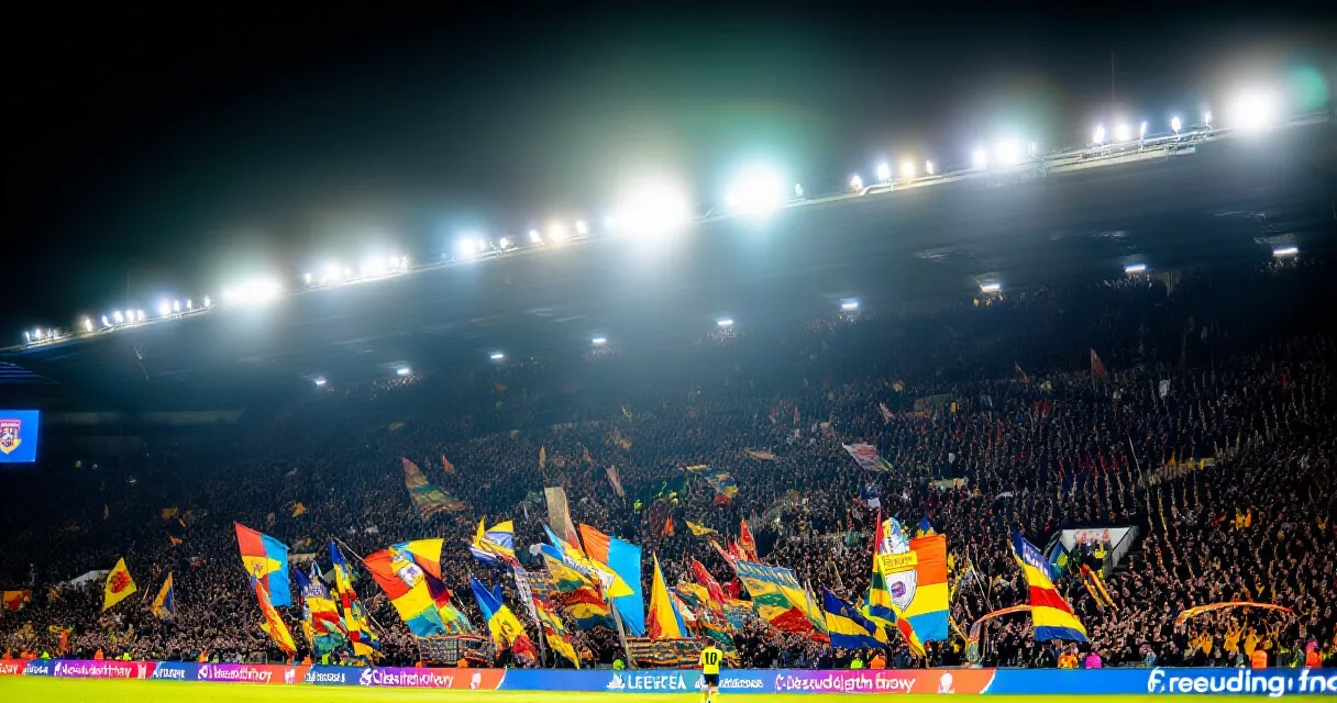 Small Spanish football stadium at sunset with fans in stands