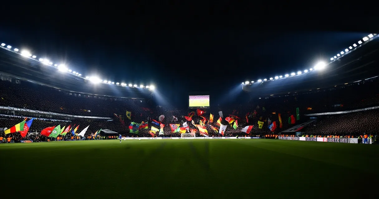 Floodlit stadium packed with fans during a Turkish football match at night