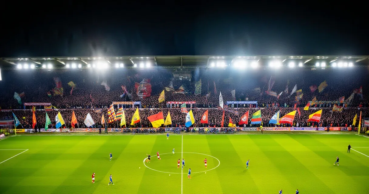 Packed stadium with fans celebrating a late winning goal under floodlights