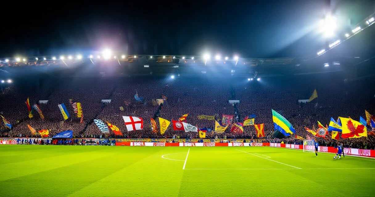Packed floodlit stadium during a Gulf Cup football match with fans cheering
