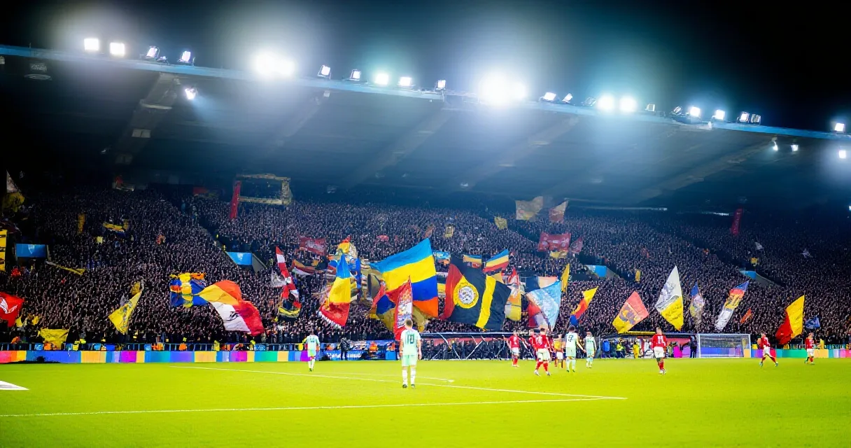 Football striker celebrating a goal in front of a packed, floodlit stadium crowd