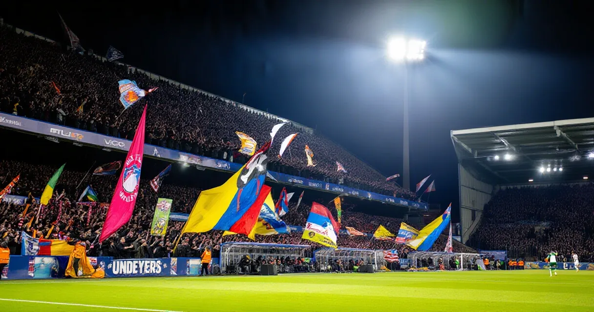 Fans cheering in a packed floodlit stadium during a women's international football match