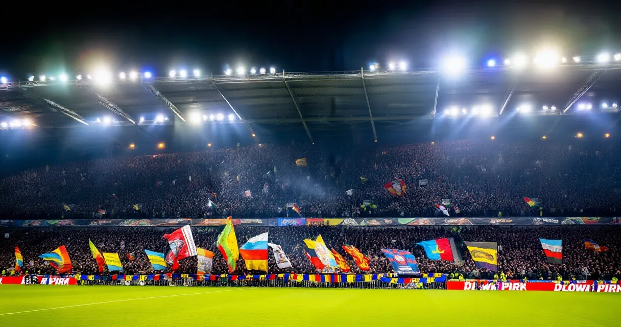 Fans celebrate at a packed floodlit stadium during a night football match