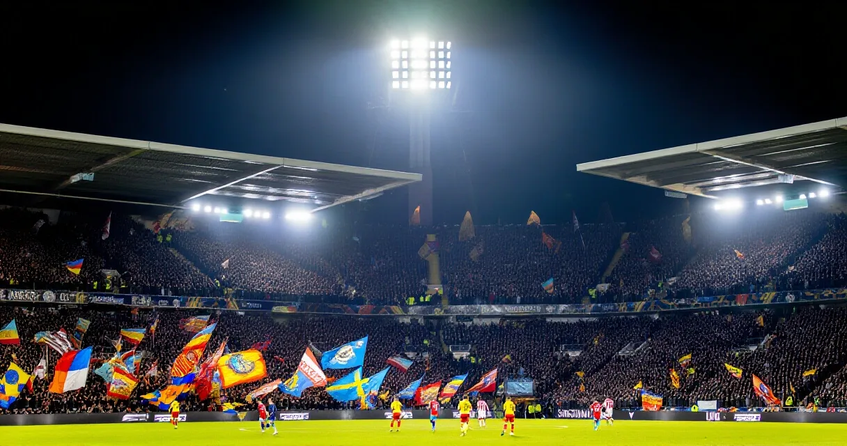 Football winger sprinting in red jersey at packed floodlit stadium