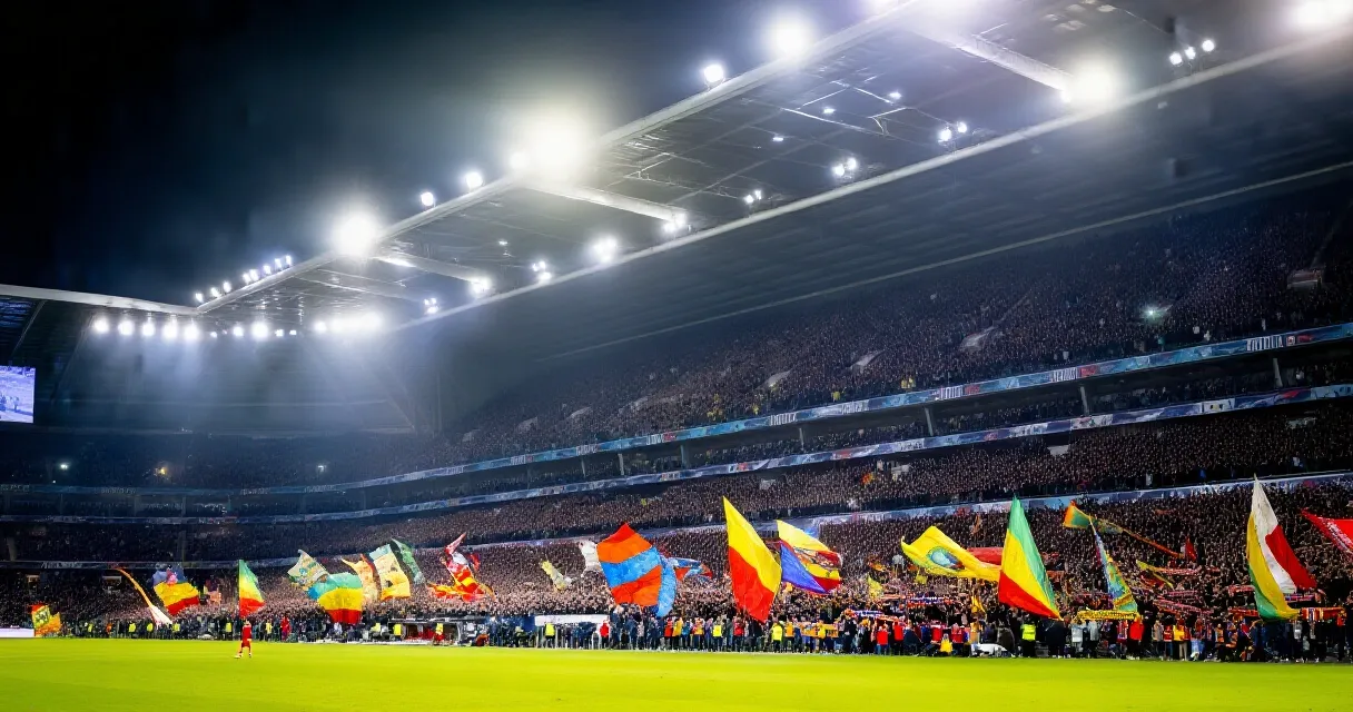 Volle, verlichte voetbalstadion tijdens een Premier League-wedstrijd in de avond