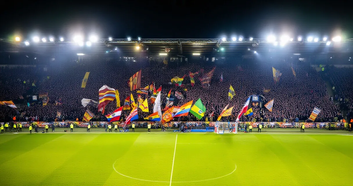 Tifosi bianconeri in uno stadio gremito e illuminato durante una partita serale