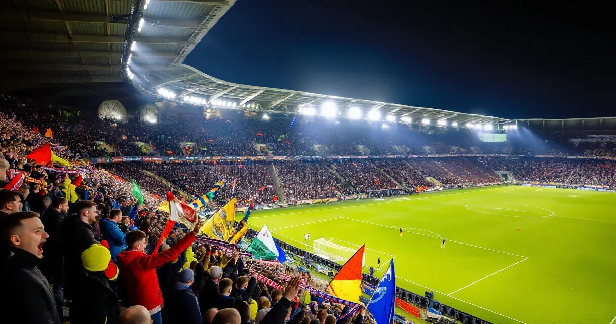 Mujer joven fotografiando el partido desde la grada de un estadio de f&uacute;tbol iluminado