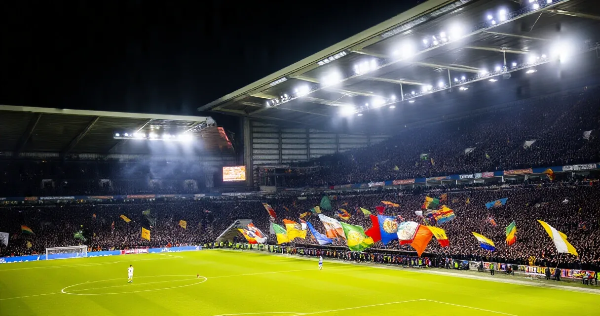 Manchester City forward celebrating a goal in front of a packed, floodlit stadium
