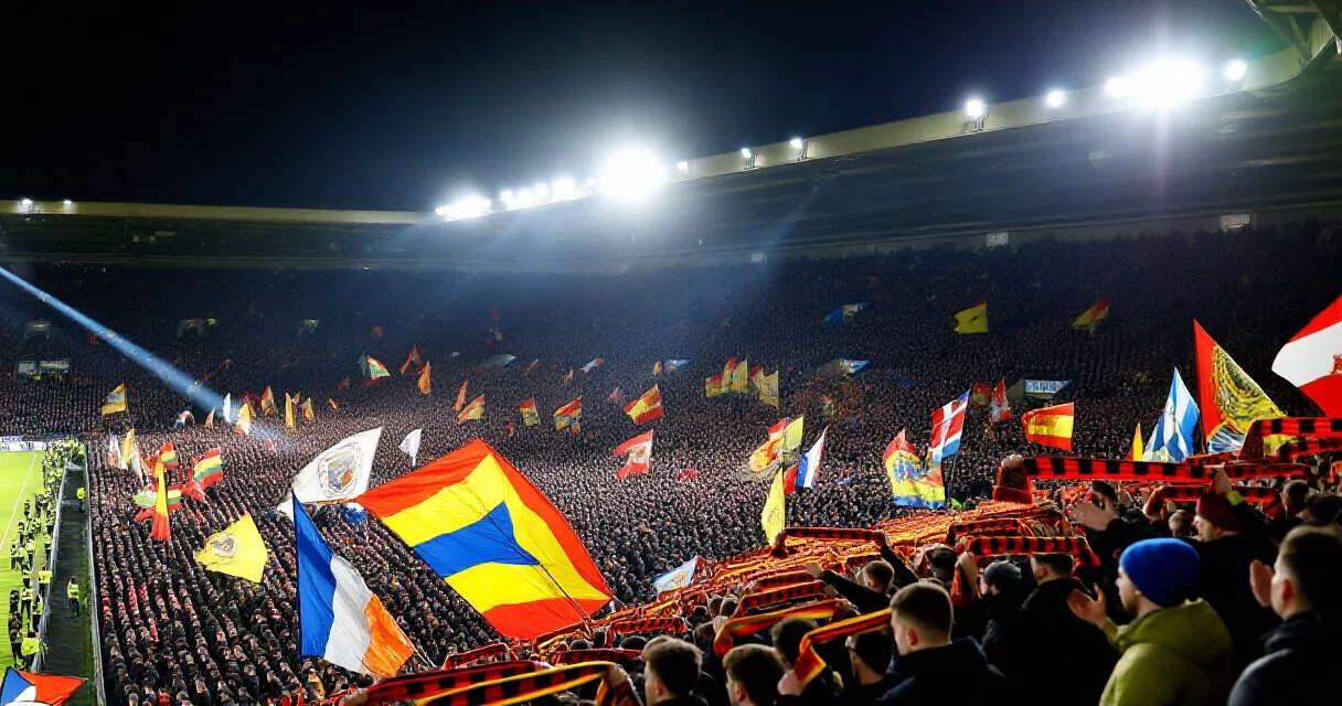 Football match VIP box fans cheering at packed floodlit stadium