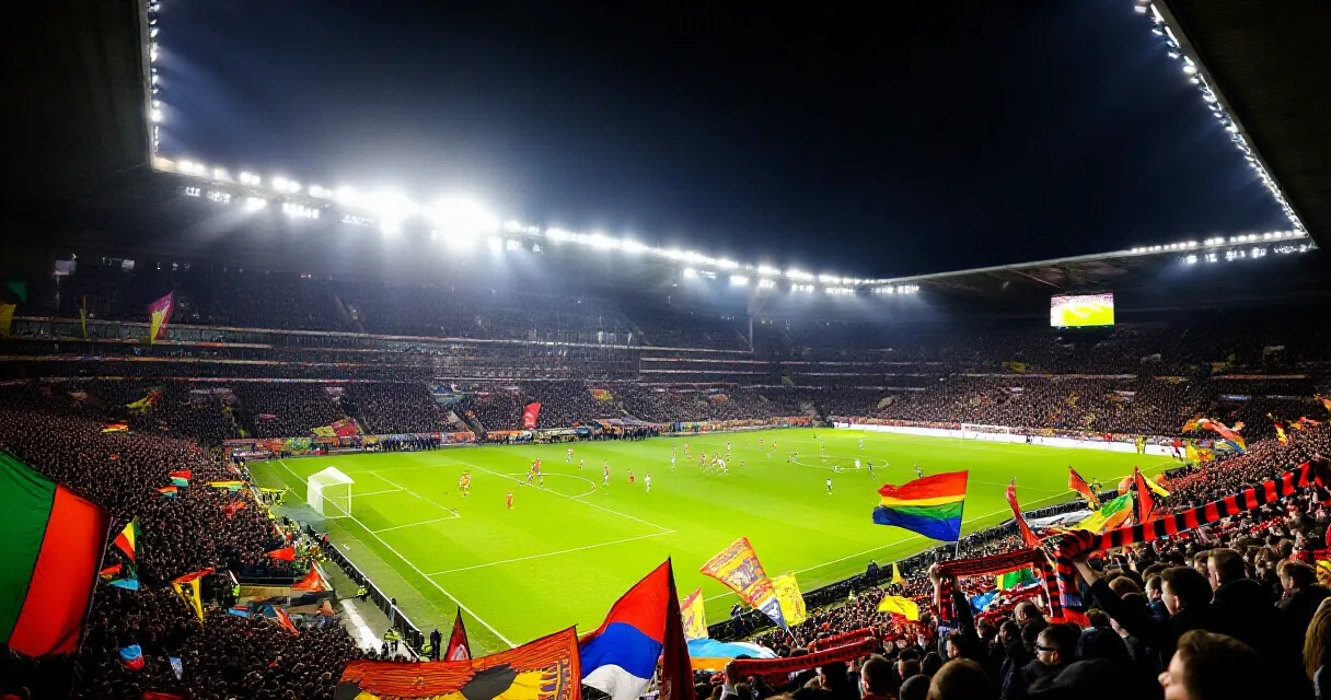 Packed football stadium at night with purple-clad fans and empty coaching bench