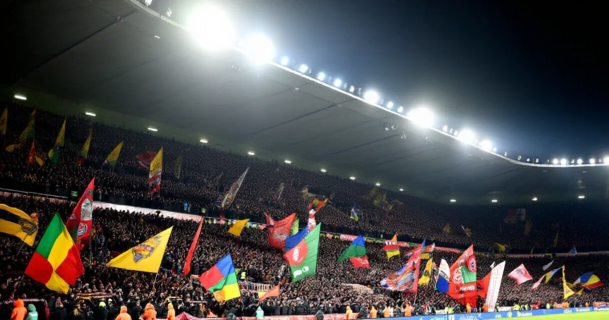 Vollbesetztes, floutlicht-beleuchtetes Fu&szlig;ballstadion mit jubelnden Fans in Rot