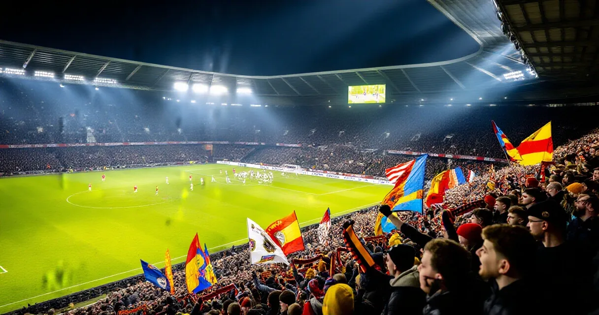 Un entra&icirc;neur de football sur le bord du terrain dans un stade plein lors d'un match nocturne