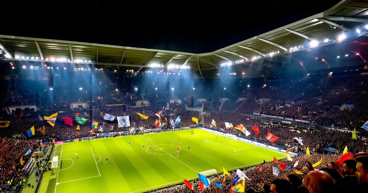 Fotbollsspelare i landslagströja springer på plan under match med fullsatt läktare
