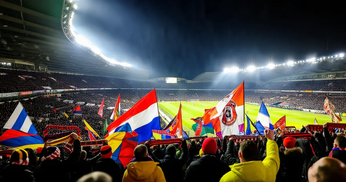 Floodlit Serie A stadium packed with fans during a match with players and referee in action