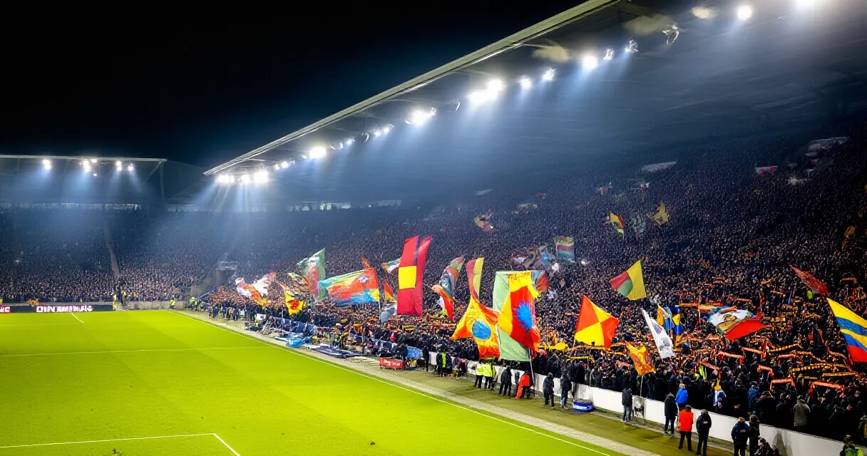 Entra&icirc;neur de football donnant des consignes tactiques en bord de terrain dans un stade plein
