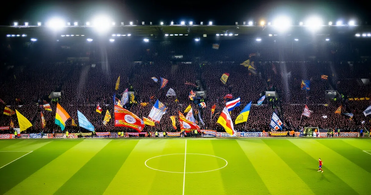 Packed football stadium at night with golden confetti and cheering fans