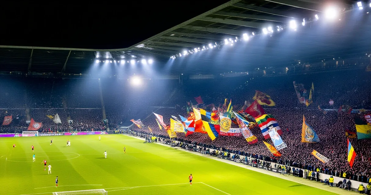 Bundesliga coach on the sideline of a packed stadium at night