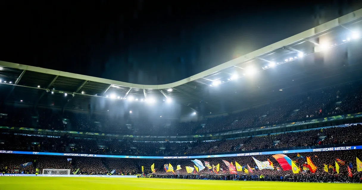 Eintracht Frankfurt footballer dribbling under stadium floodlights