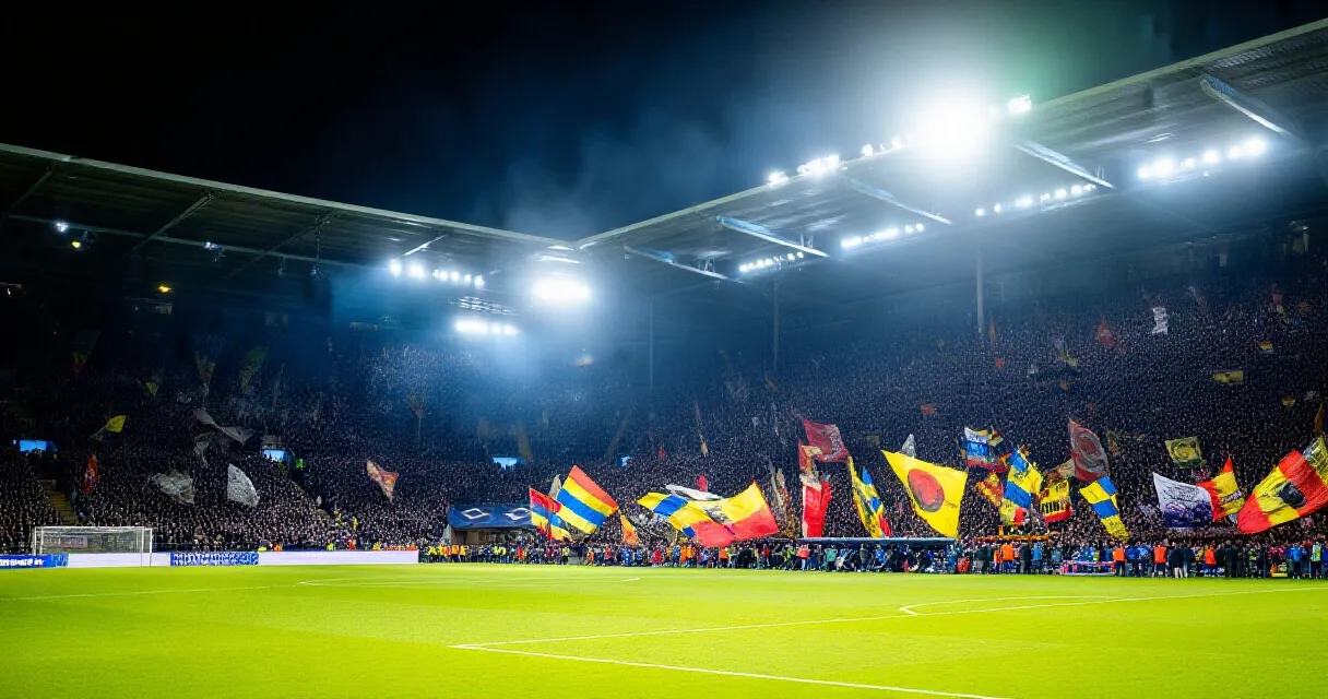 Stade de football rempli lors d'un match international en lumi&egrave;re dor&eacute;e
