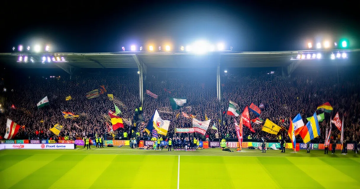 Soccer forward celebrating a goal in a packed floodlit stadium