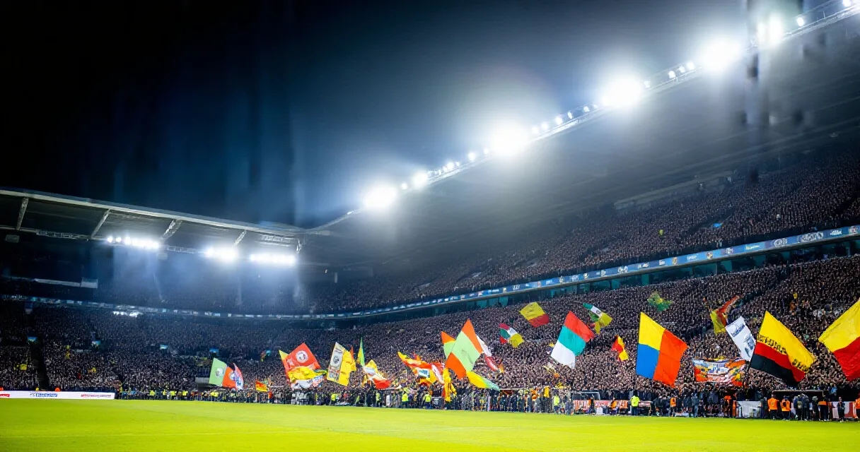 Gouden voetbaltrofee op een groen voetbalveld bij zonsondergang