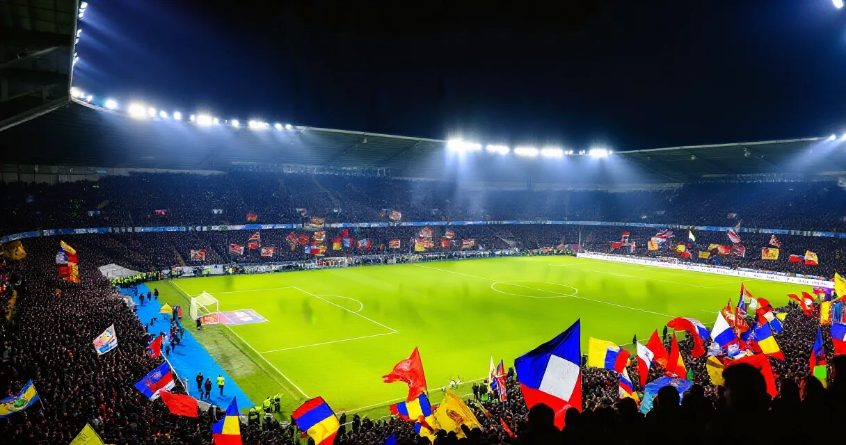 Attaquant marquant un but de la t&ecirc;te dans un stade sud-am&eacute;ricain rempli de supporters