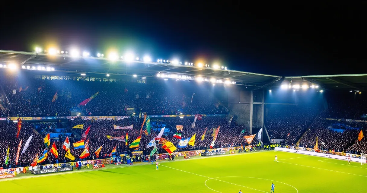 Greek footballer in action during a European club match, packed stadium with floodlights