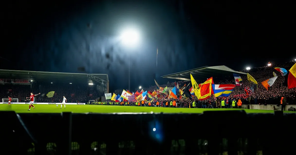 Aston Villa forward battling past a Tottenham defender under floodlights