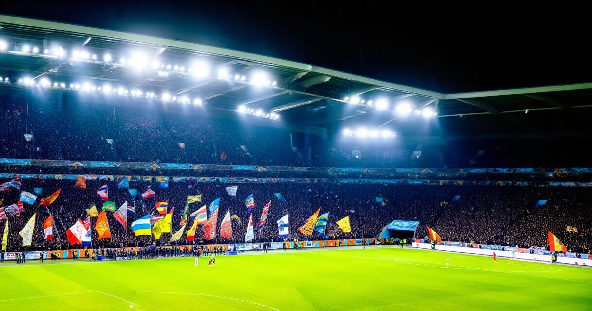 National teams stand apart before kickoff at a floodlit stadium