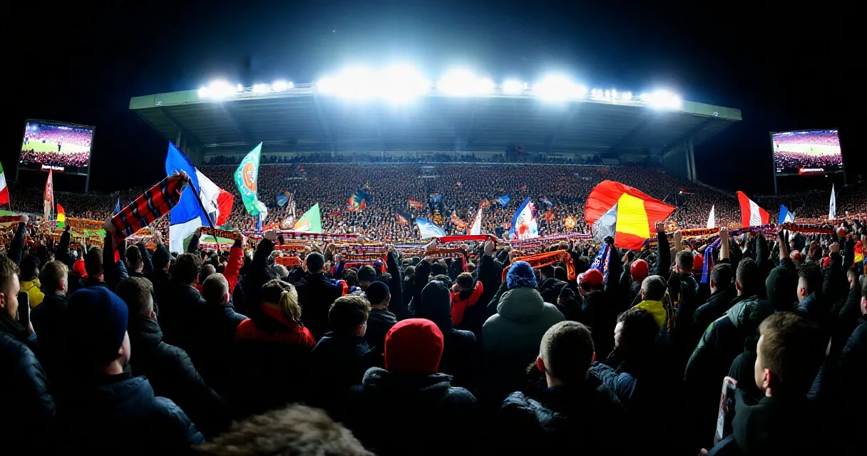 Footballer celebrating goal in packed stadium under floodlights
