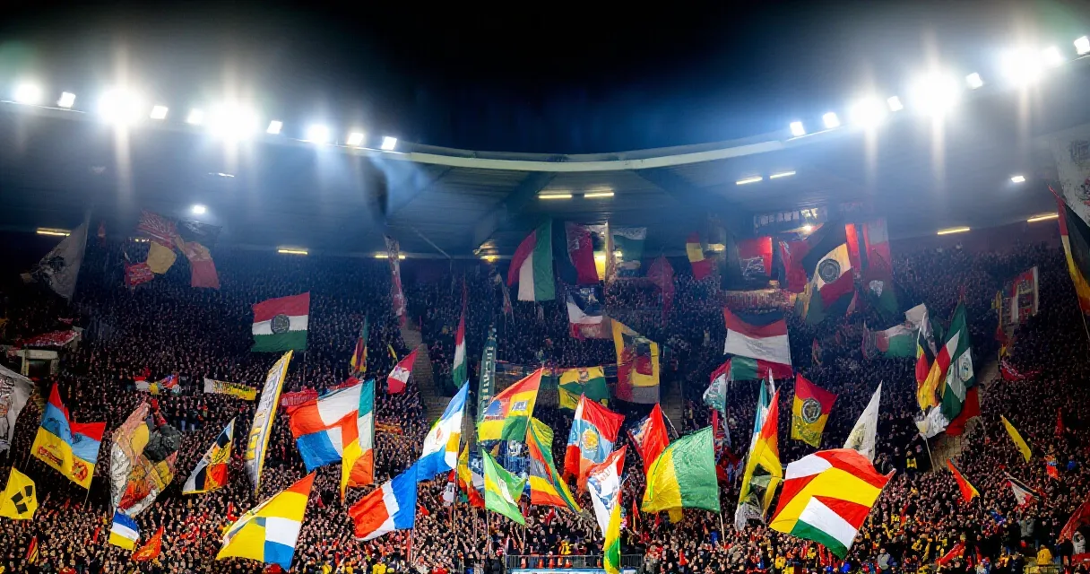 Voetballer in rood shirt staat stil op het veld in een vol, verlicht stadion