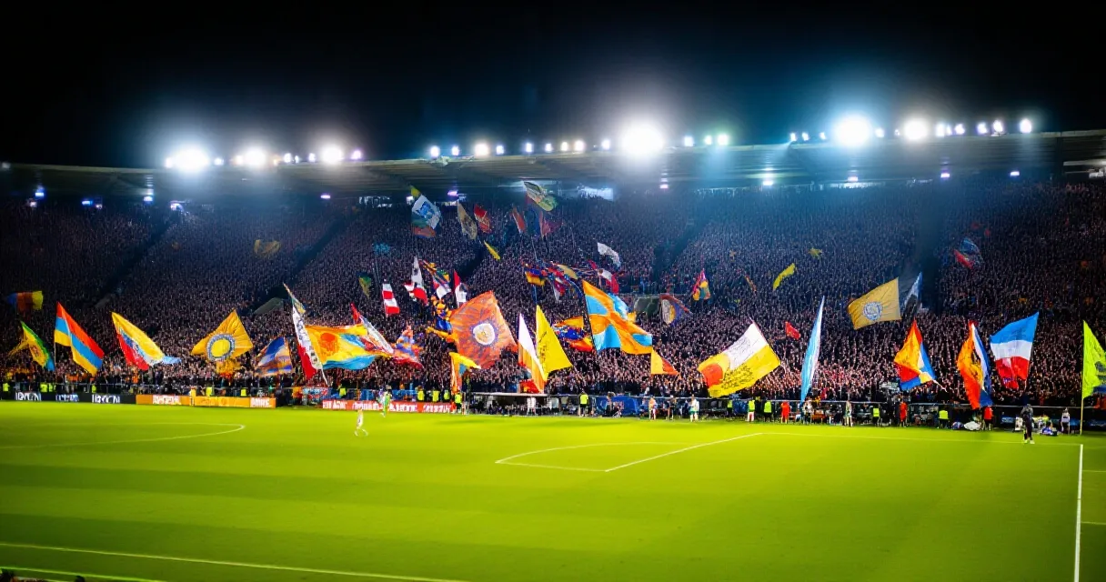 Packed Brazilian football stadium at night with fans and floodlights