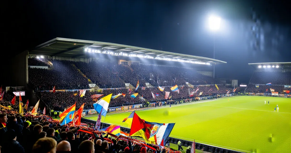 Attaquant c&eacute;l&eacute;brant un tripl&eacute; sous les projecteurs d'un stade de football bond&eacute;